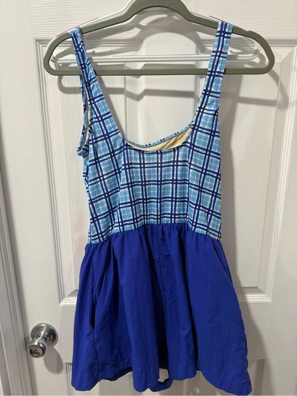 Vintage Gabar Blue Plaid Tank,Retro Swimsuit with attached shorts ,pockets